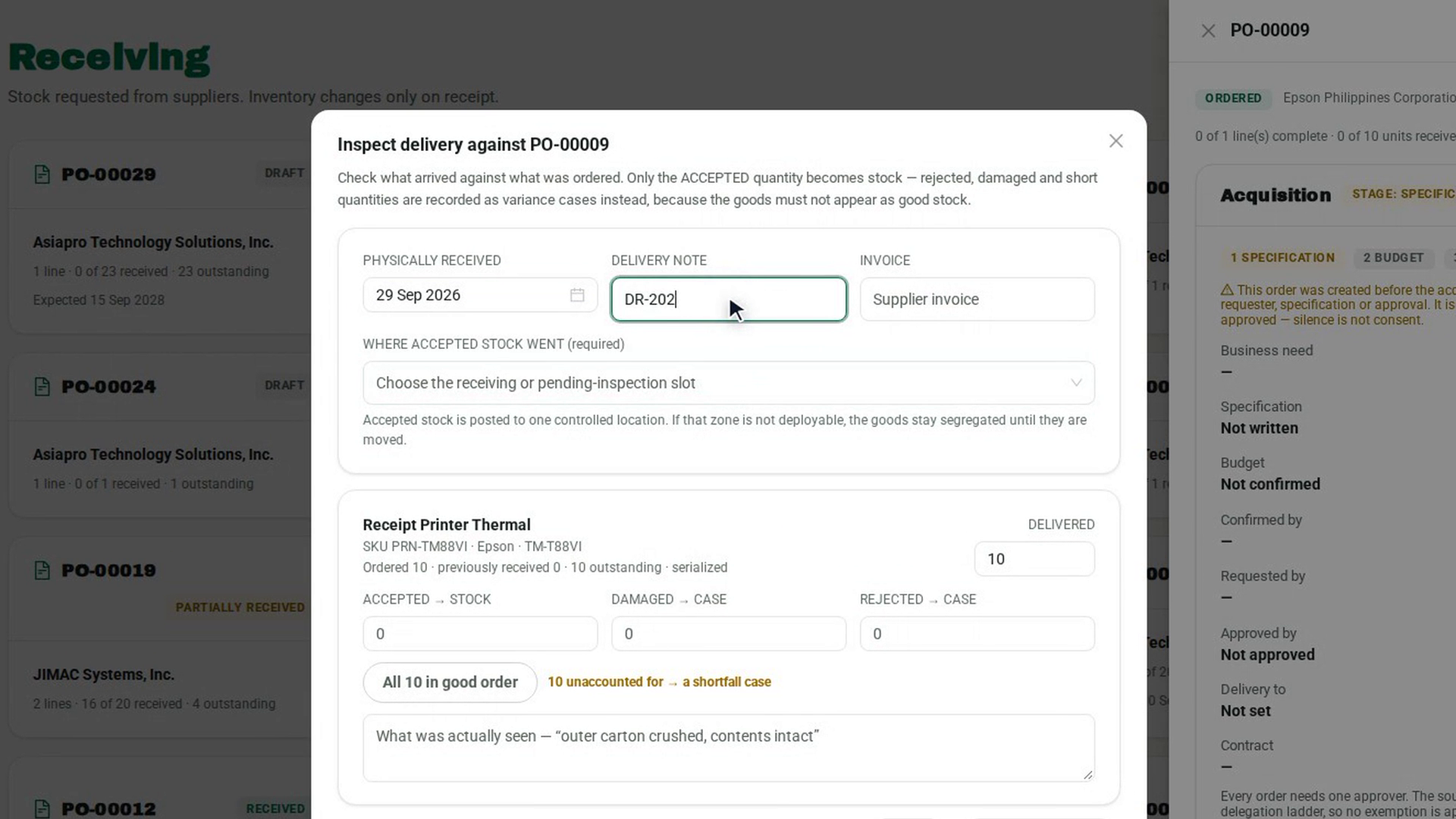 Record the delivery details