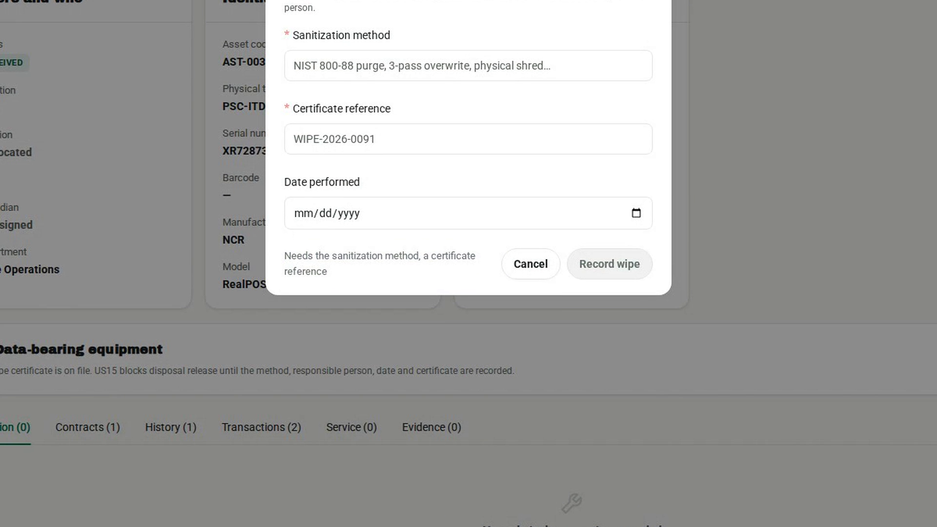 Enter the wipe details