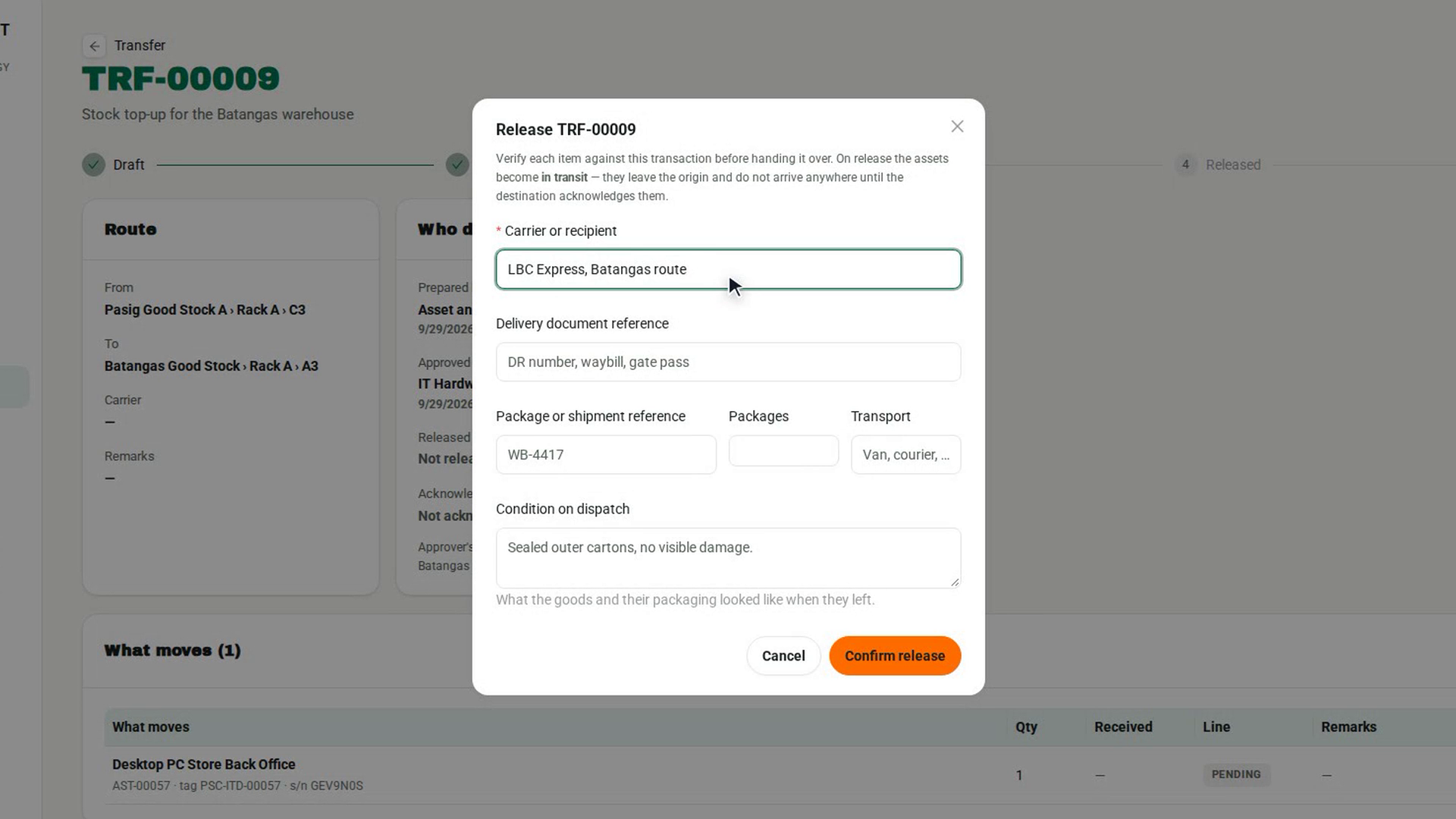 Record the shipment details