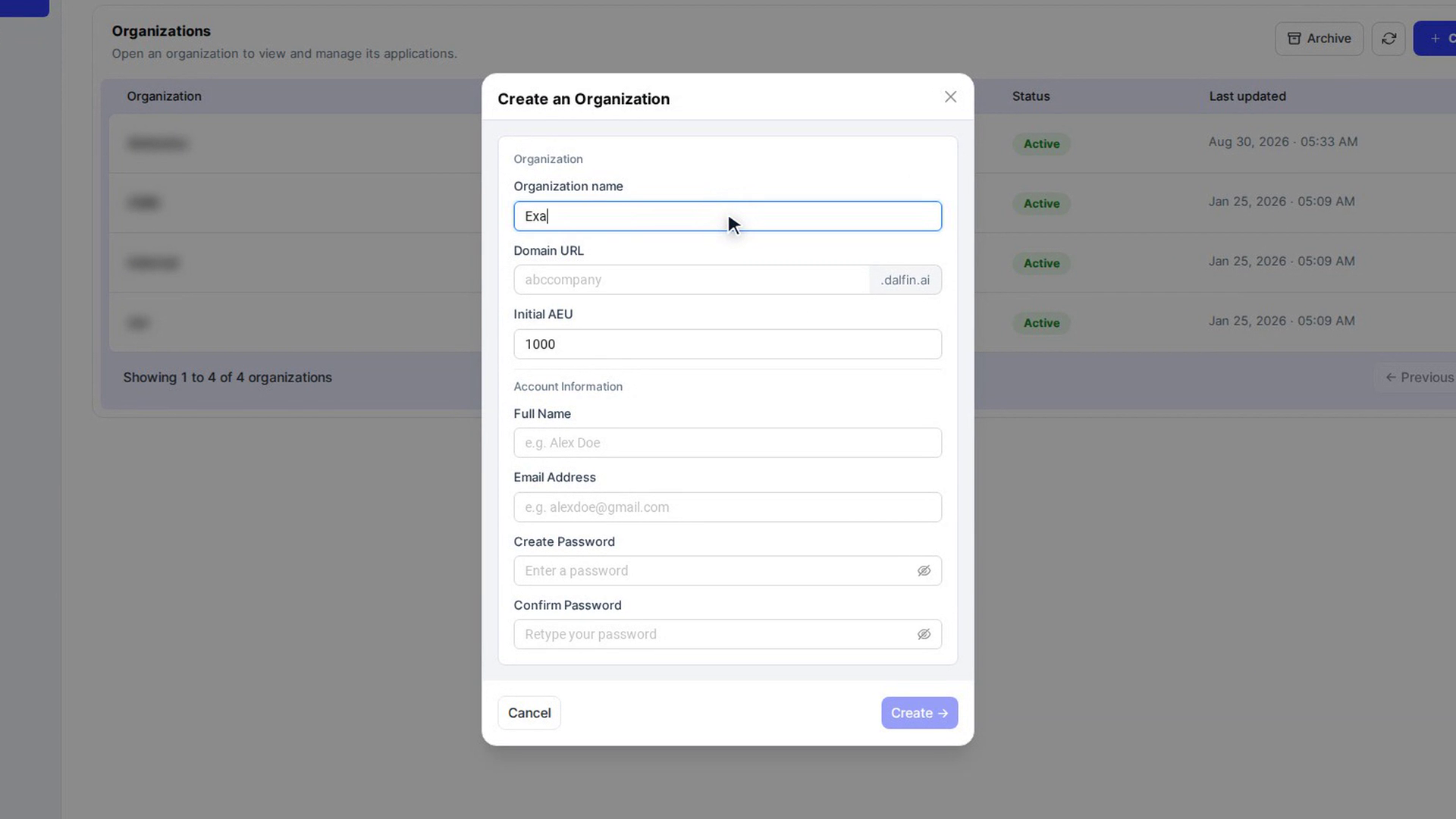 Fill in the organization details