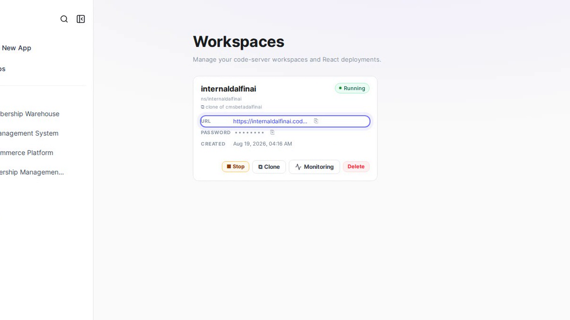 Open the workspace and get its password